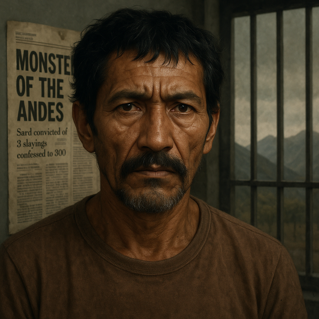 A middle-aged man with rugged features and a serious expression stands in front of a prison window. Behind him is a weathered newspaper clipping titled "MONSTER OF THE ANDES," referencing his crimes. The background shows the distant Andes mountains under a cloudy sky, symbolizing isolation and severity.